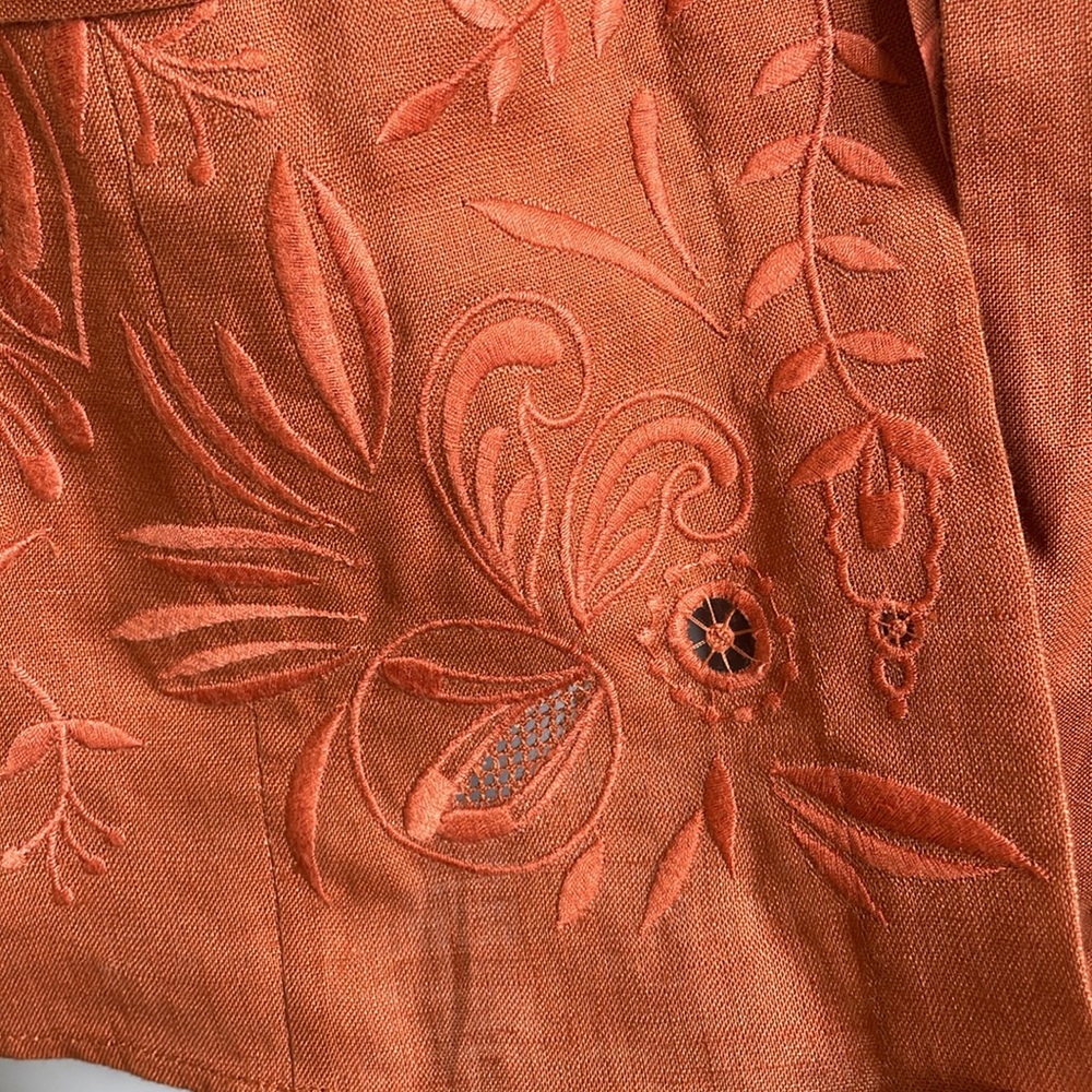 Lafayette 148 Coral Embroidered Button Front Belted Linen Blouse Size 4 Petite - Picture 6 of 12
